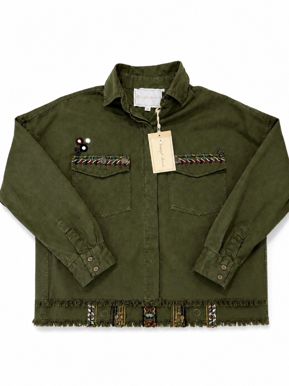 Beautiful Stories XS Women’s Olive Green Embroidered Utility Jacket Fringe Hem